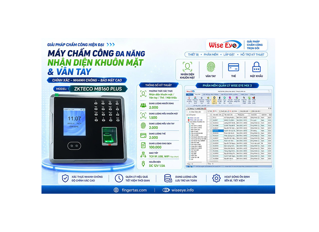 Máy chấm công khuôn mặt ZKTeco MB160 Plus Máy chấm công khuôn mặt ZKTeco MB160 Plus