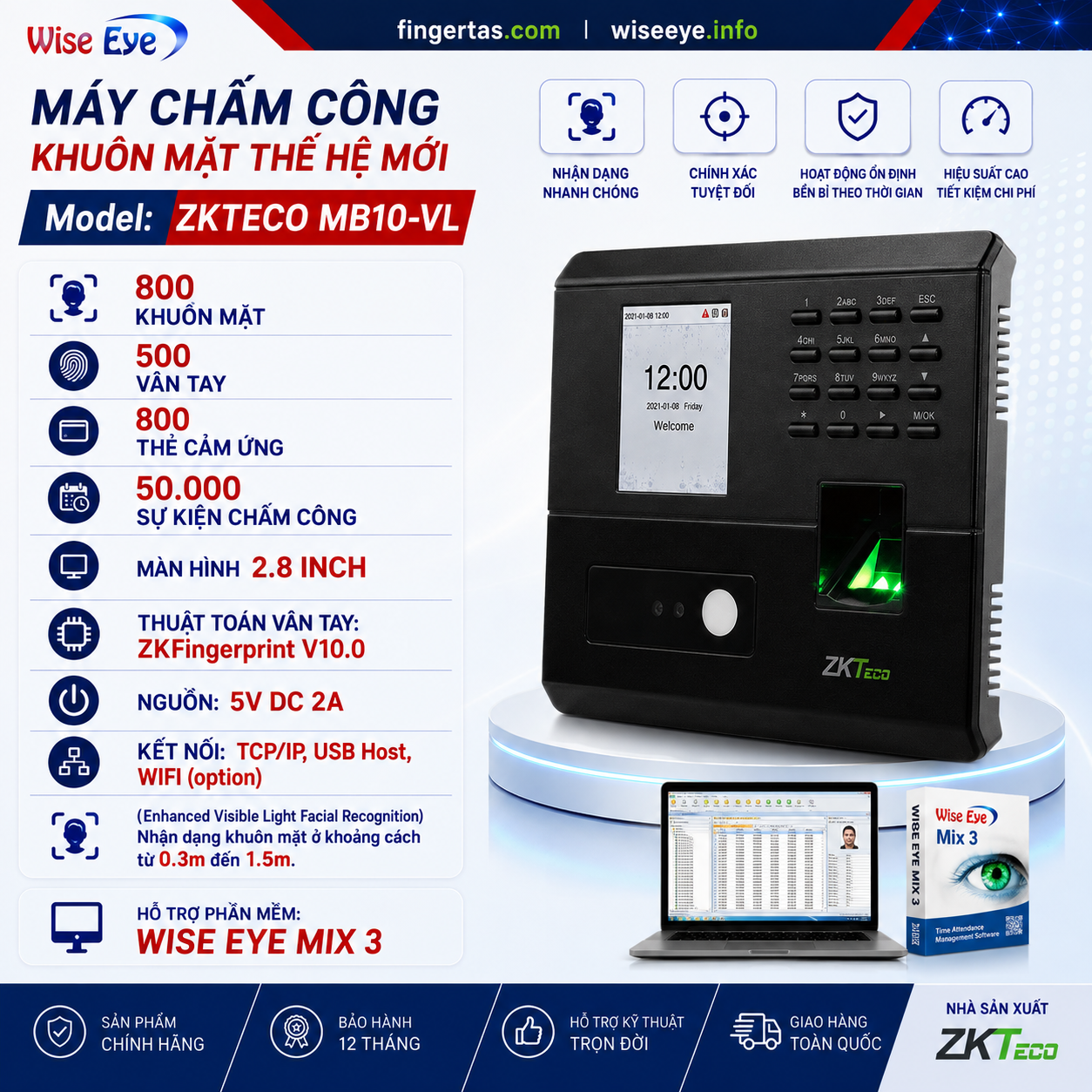 Máy chấm công khuôn mặt ZKTeco MB10-VL Máy chấm công khuôn mặt ZKTeco MB10-VL