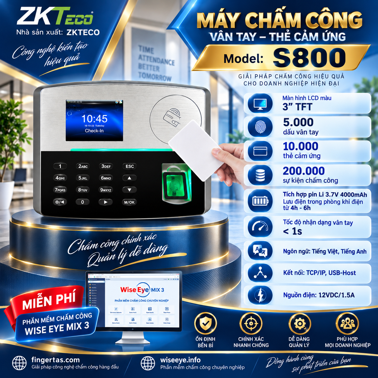 Máy chấm công vân tay  S800
