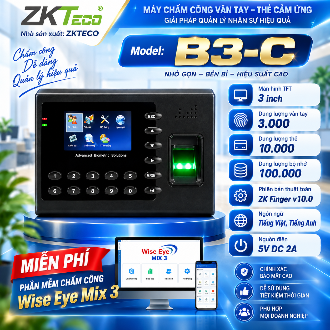 Máy chấm công vân tay ZKTECO B3-C