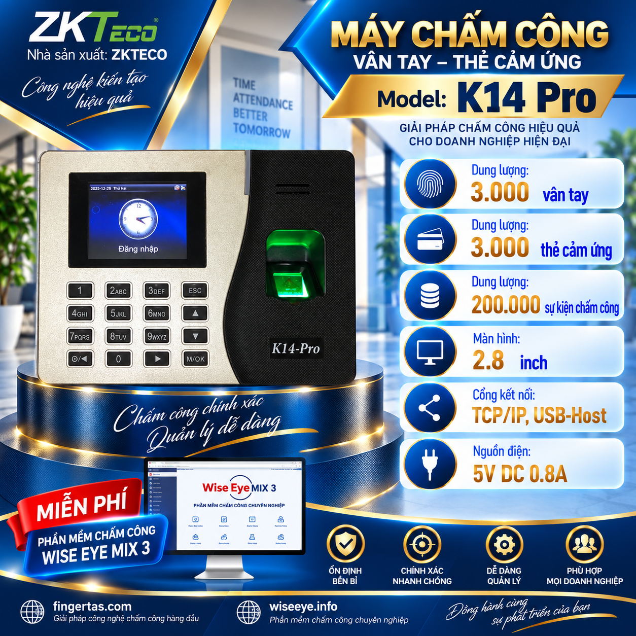 Máy chấm công vân tay K14 Pro