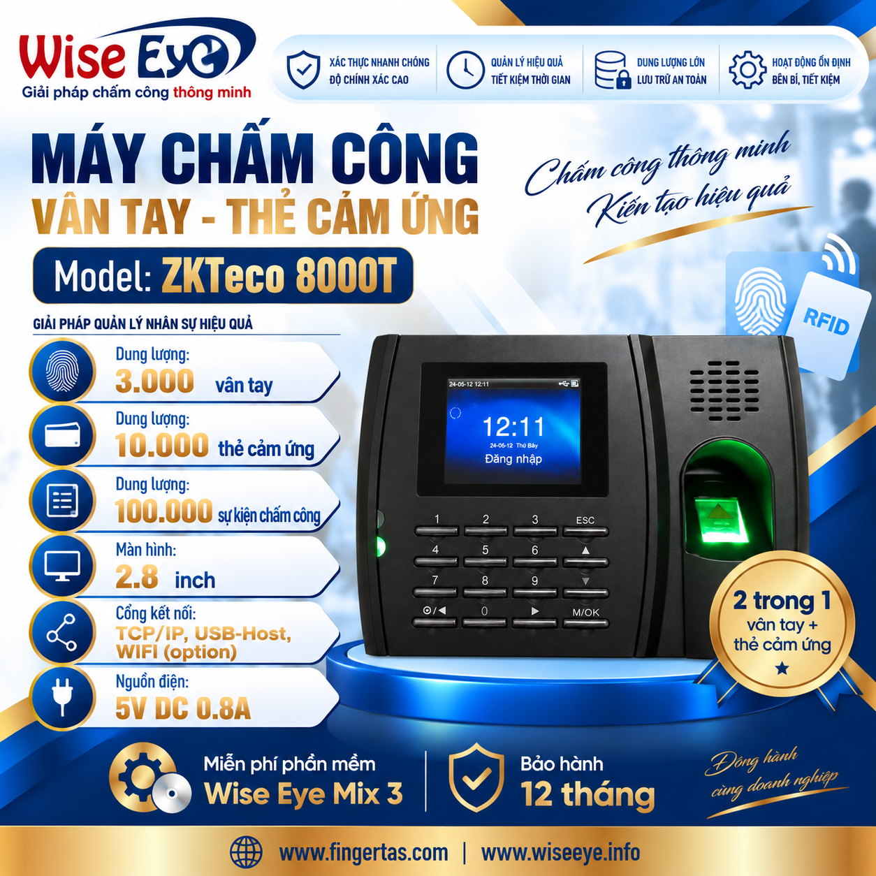 Máy chấm công vân tay ZKTeco 8000T