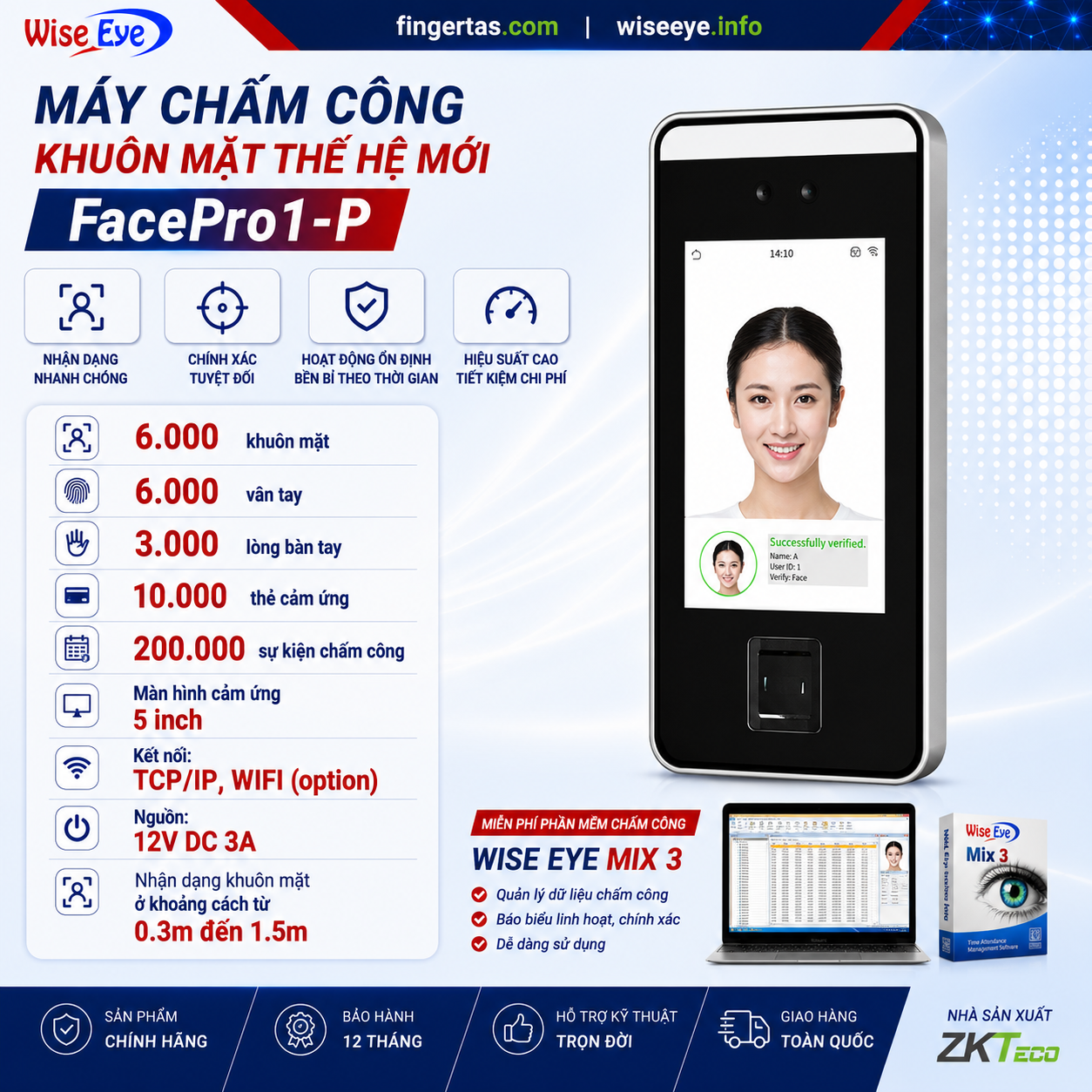 Máy chấm công bằng khuôn mặt FacePro1-P